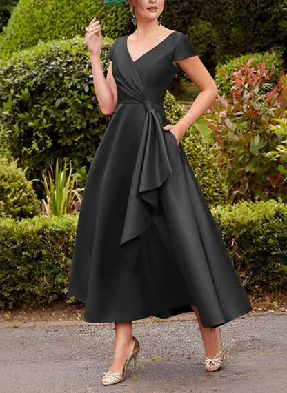 A-Line V-Neck Short Sleeves Tea-Length Satin Mother Of The Bride Dresses With Ruffle