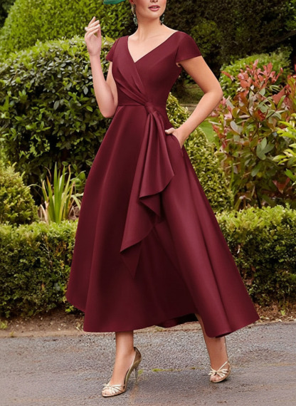 A-Line V-Neck Short Sleeves Tea-Length Satin Mother Of The Bride Dresses With Ruffle