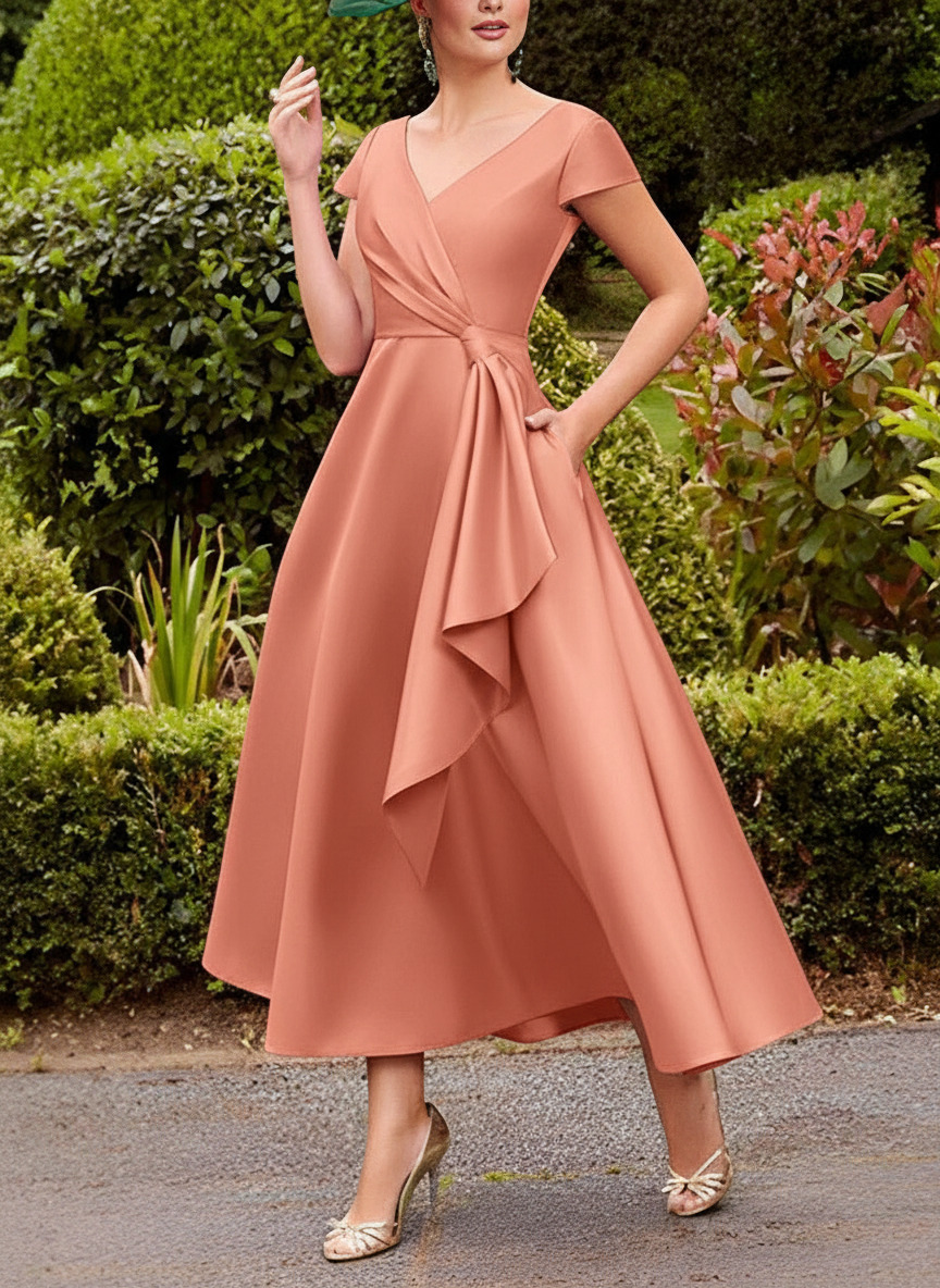 A-Line V-Neck Short Sleeves Tea-Length Satin Mother Of The Bride Dresses With Ruffle