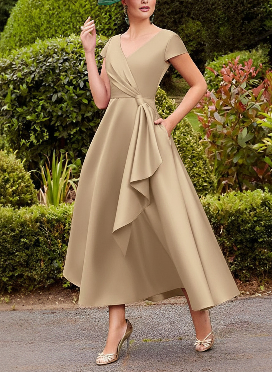 A-Line V-Neck Short Sleeves Tea-Length Satin Mother Of The Bride Dresses With Ruffle
