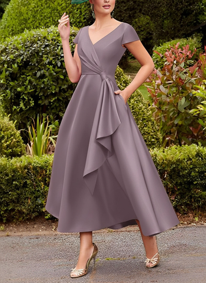 A-Line V-Neck Short Sleeves Tea-Length Satin Mother Of The Bride Dresses With Ruffle