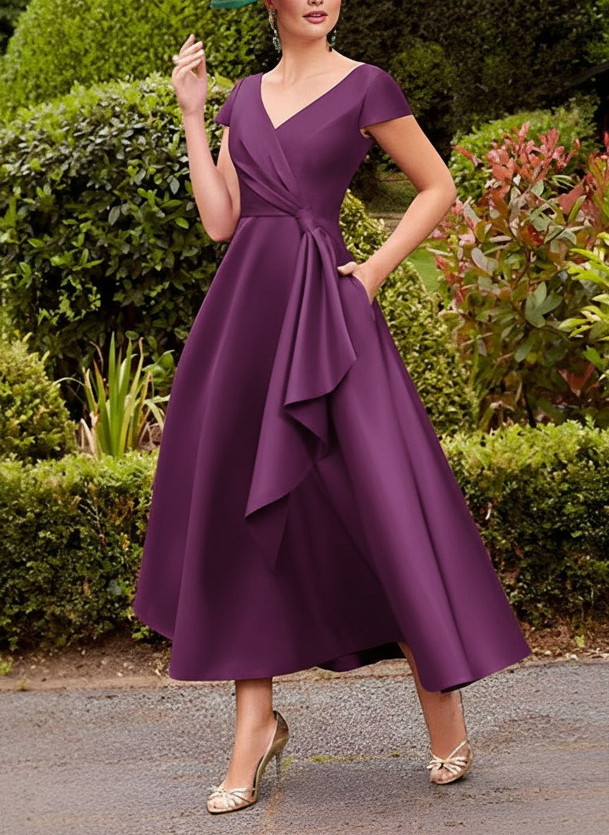 A-Line V-Neck Short Sleeves Tea-Length Satin Mother Of The Bride Dresses With Ruffle