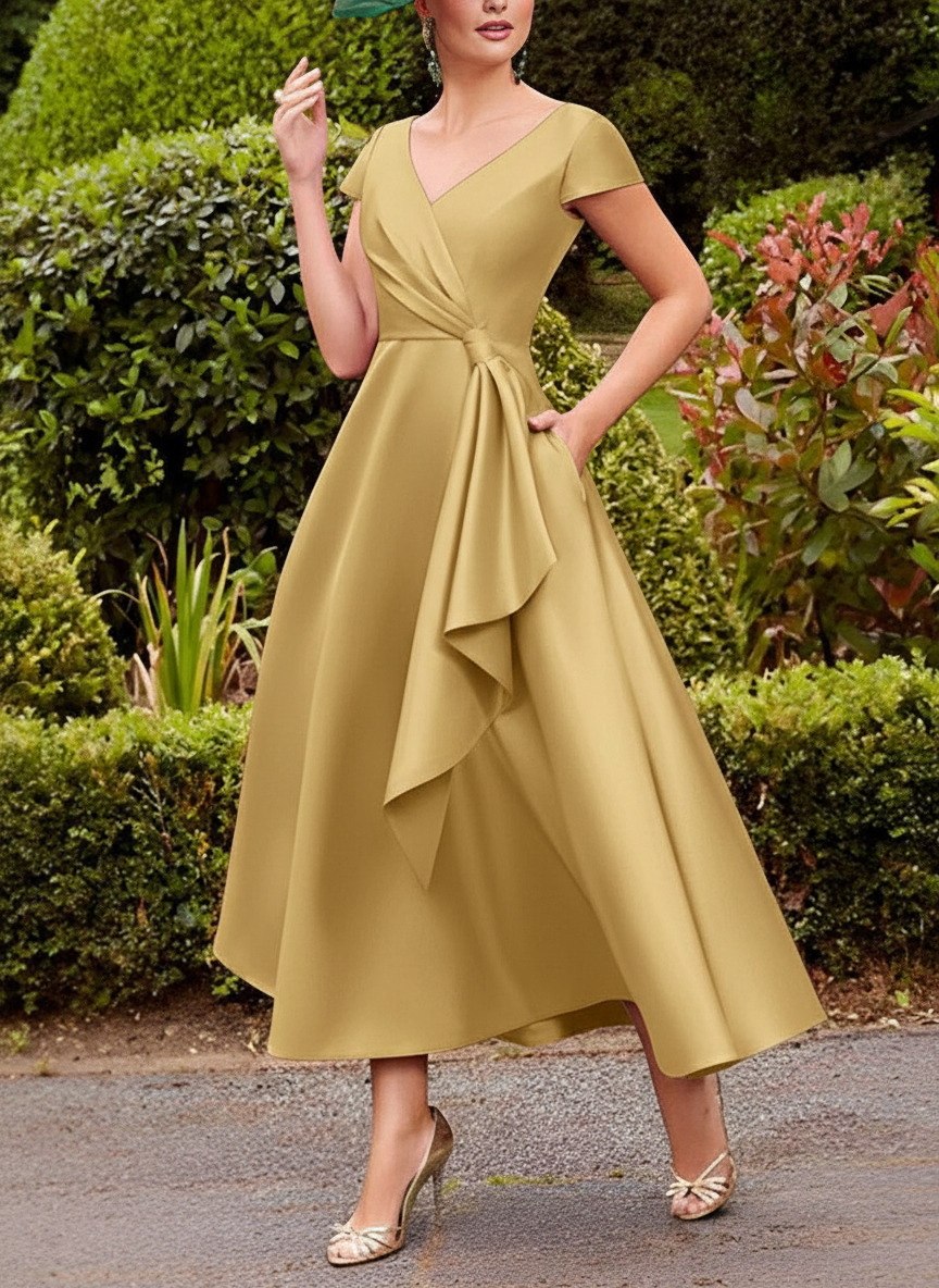 A-Line V-Neck Short Sleeves Tea-Length Satin Mother Of The Bride Dresses With Ruffle