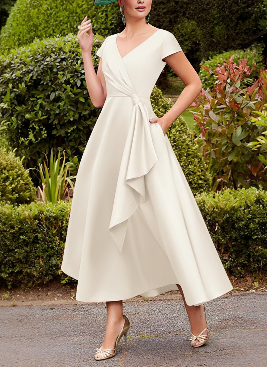 A-Line V-Neck Short Sleeves Tea-Length Satin Mother Of The Bride Dresses With Ruffle