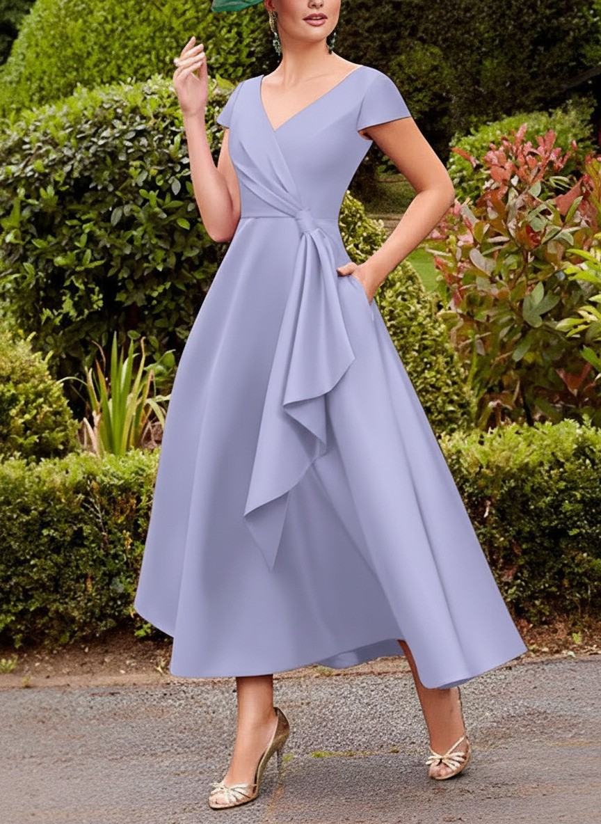 A-Line V-Neck Short Sleeves Tea-Length Satin Mother Of The Bride Dresses With Ruffle