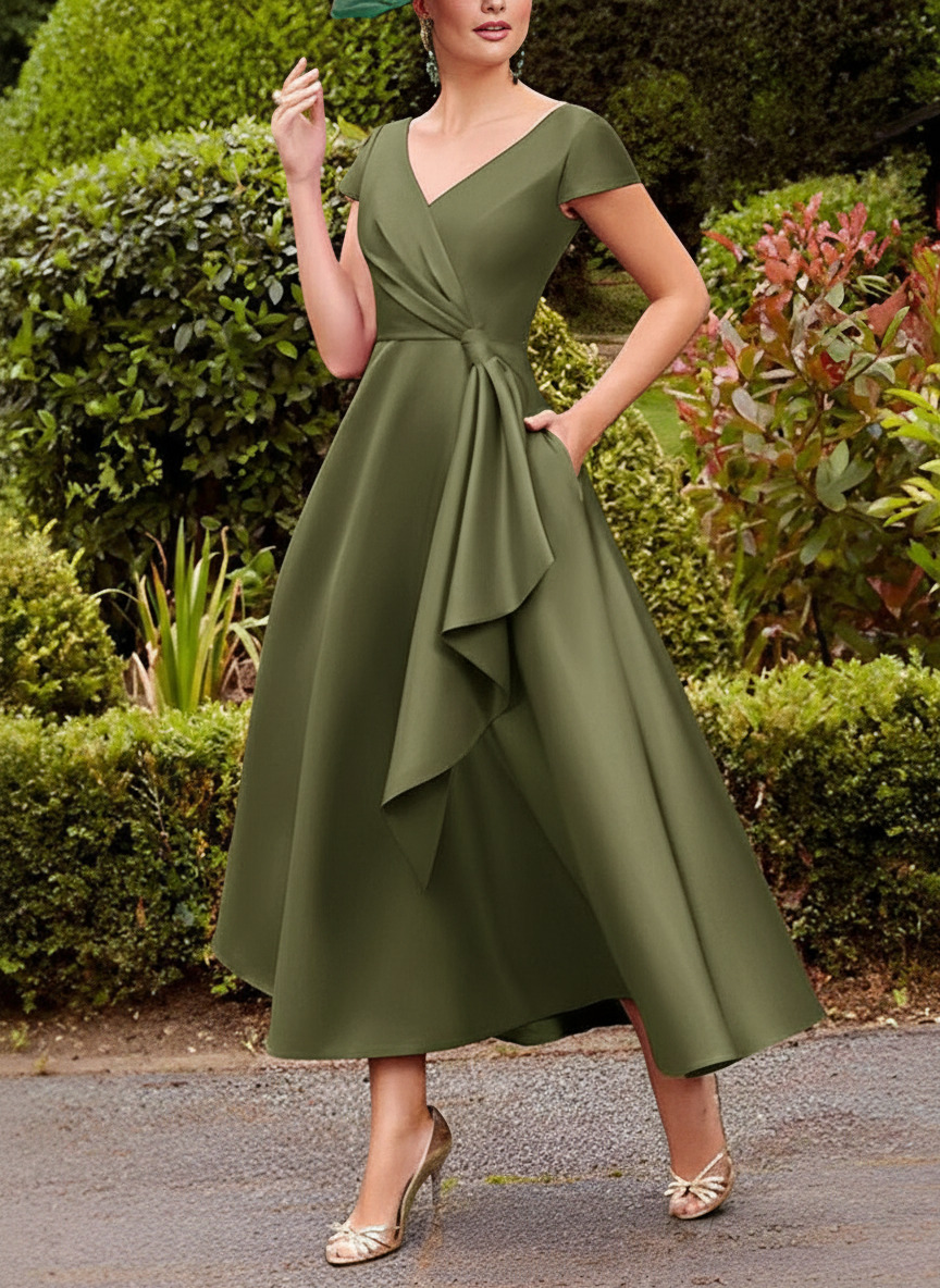 A-Line V-Neck Short Sleeves Tea-Length Satin Mother Of The Bride Dresses With Ruffle