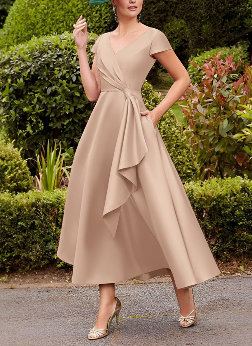 A-Line V-Neck Short Sleeves Tea-Length Satin Mother Of The Bride Dresses With Ruffle