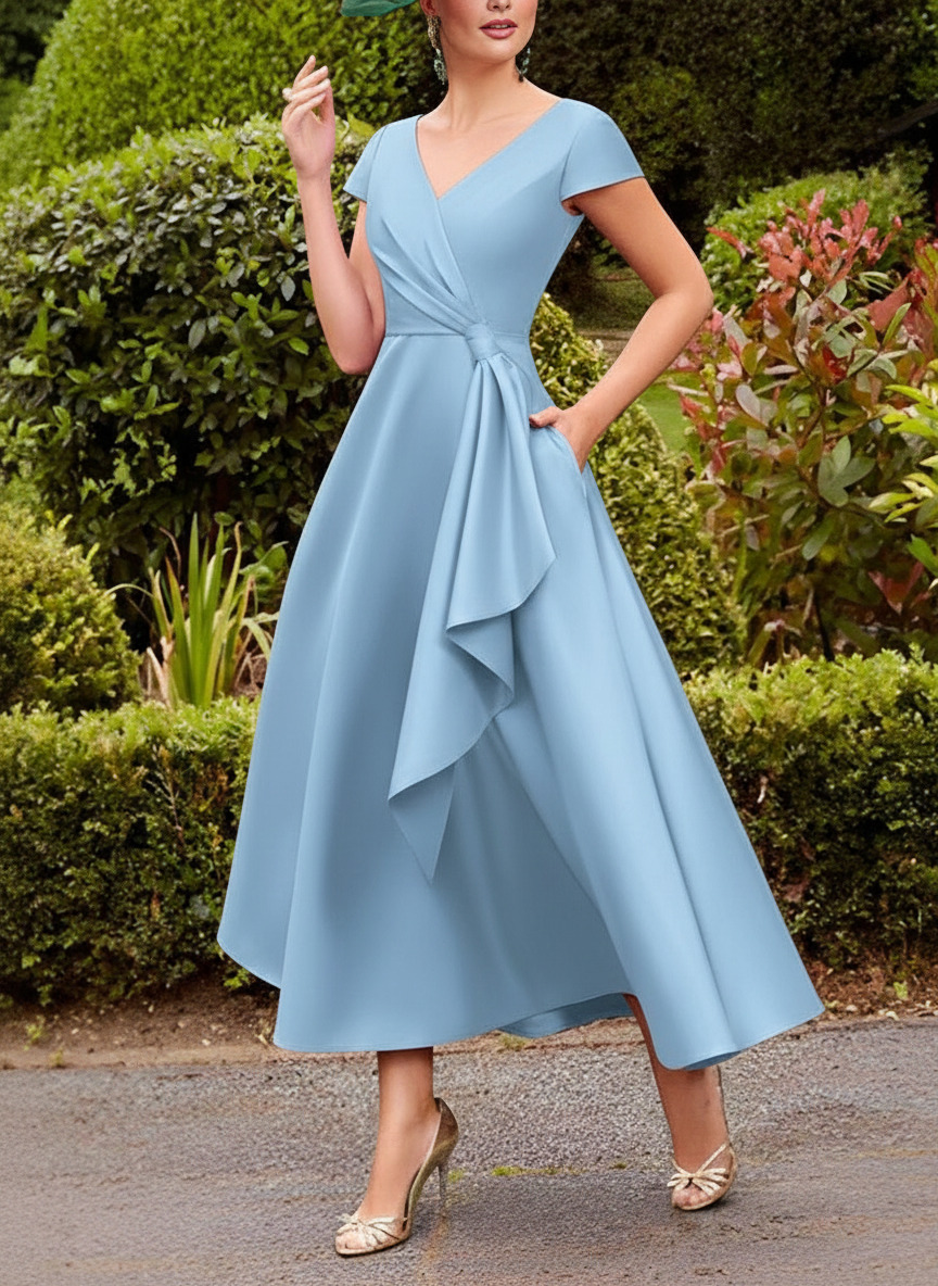 A-Line V-Neck Short Sleeves Tea-Length Satin Mother Of The Bride Dresses With Ruffle