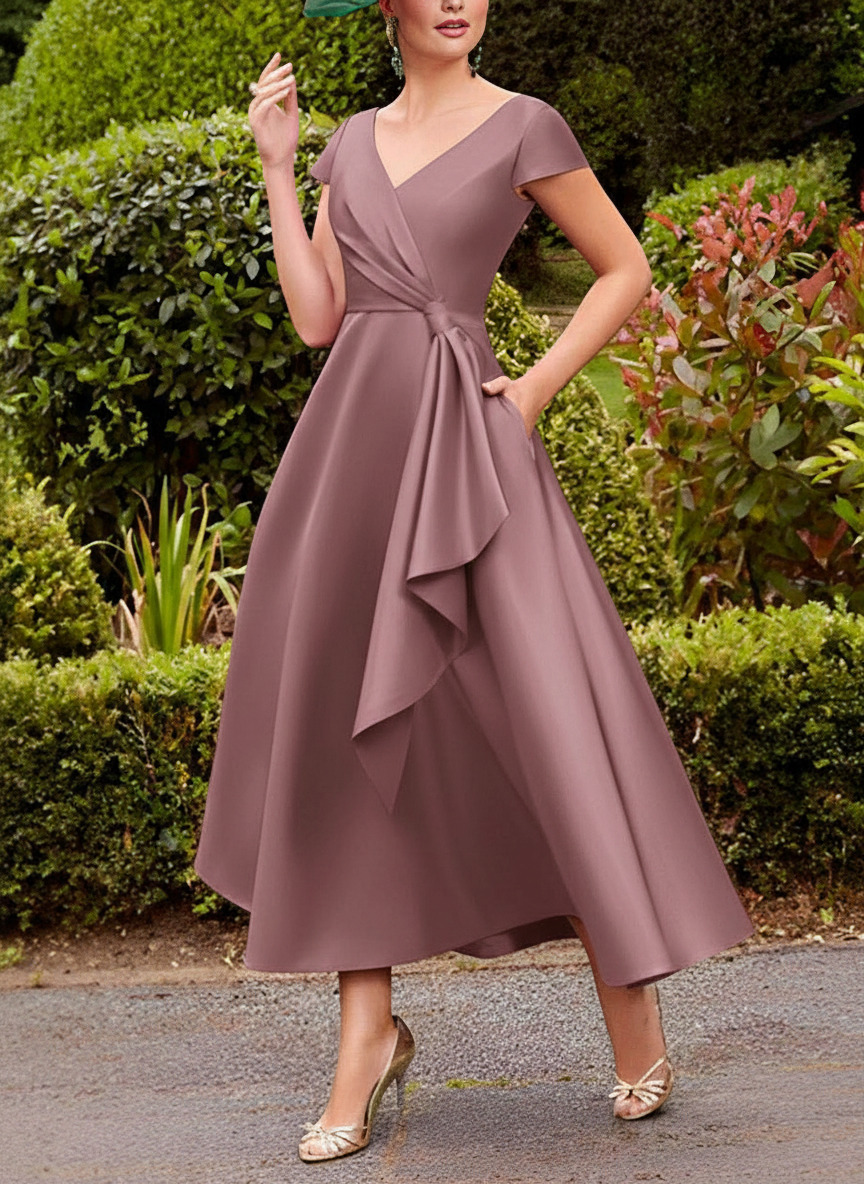 A-Line V-Neck Short Sleeves Tea-Length Satin Mother Of The Bride Dresses With Ruffle
