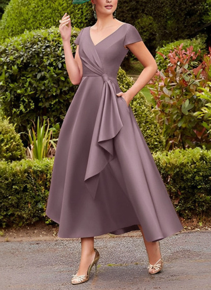 A-Line V-Neck Short Sleeves Tea-Length Satin Mother Of The Bride Dresses With Ruffle