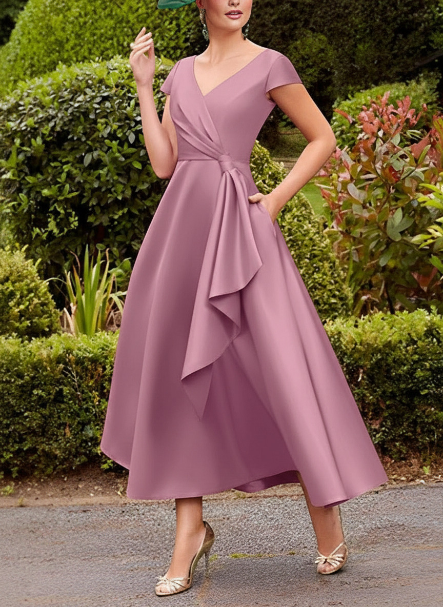 A-Line V-Neck Short Sleeves Tea-Length Satin Mother Of The Bride Dresses With Ruffle