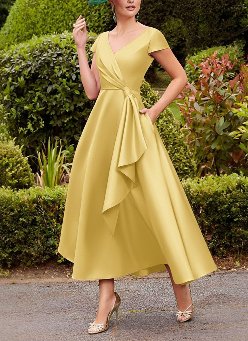 A-Line V-Neck Short Sleeves Tea-Length Satin Mother Of The Bride Dresses With Ruffle