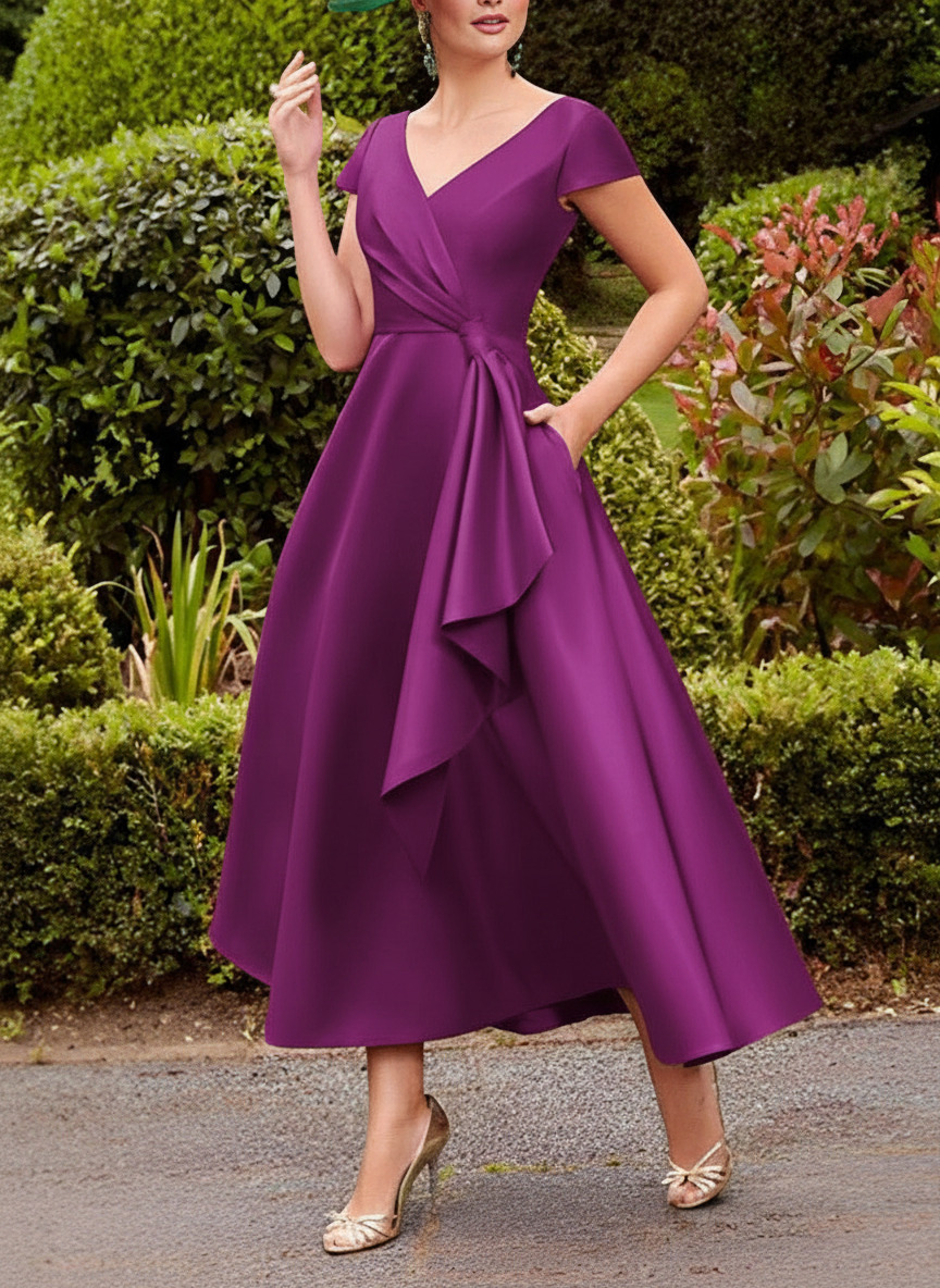 A-Line V-Neck Short Sleeves Tea-Length Satin Mother Of The Bride Dresses With Ruffle
