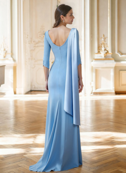 Sheath Column Asymmetrical 3/4 Sleeves Sweep Train Satin Evening Dresses, supplier image 2