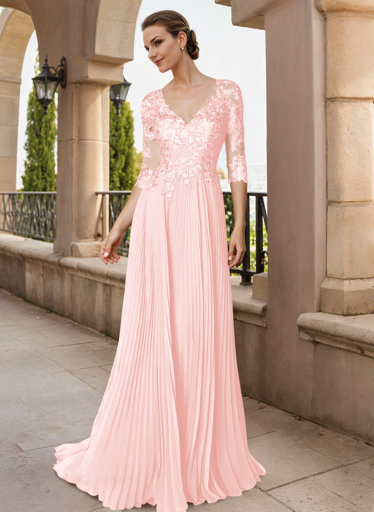 A-Line V-Neck Floor-Length Chiffon Mother Of The Bride Dresses With Lace Pleated