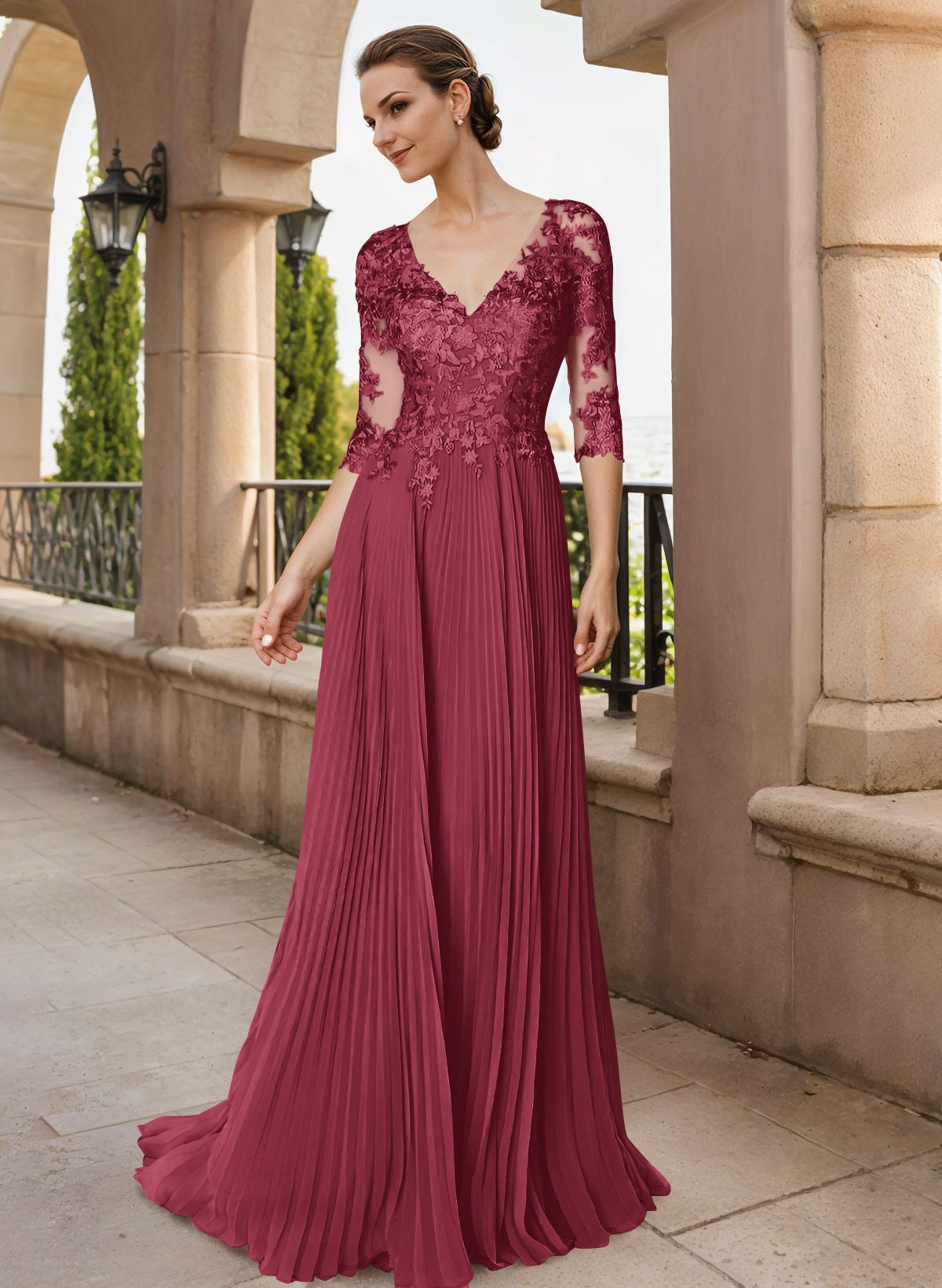 A-Line V-Neck Floor-Length Chiffon Mother Of The Bride Dresses With Lace Pleated