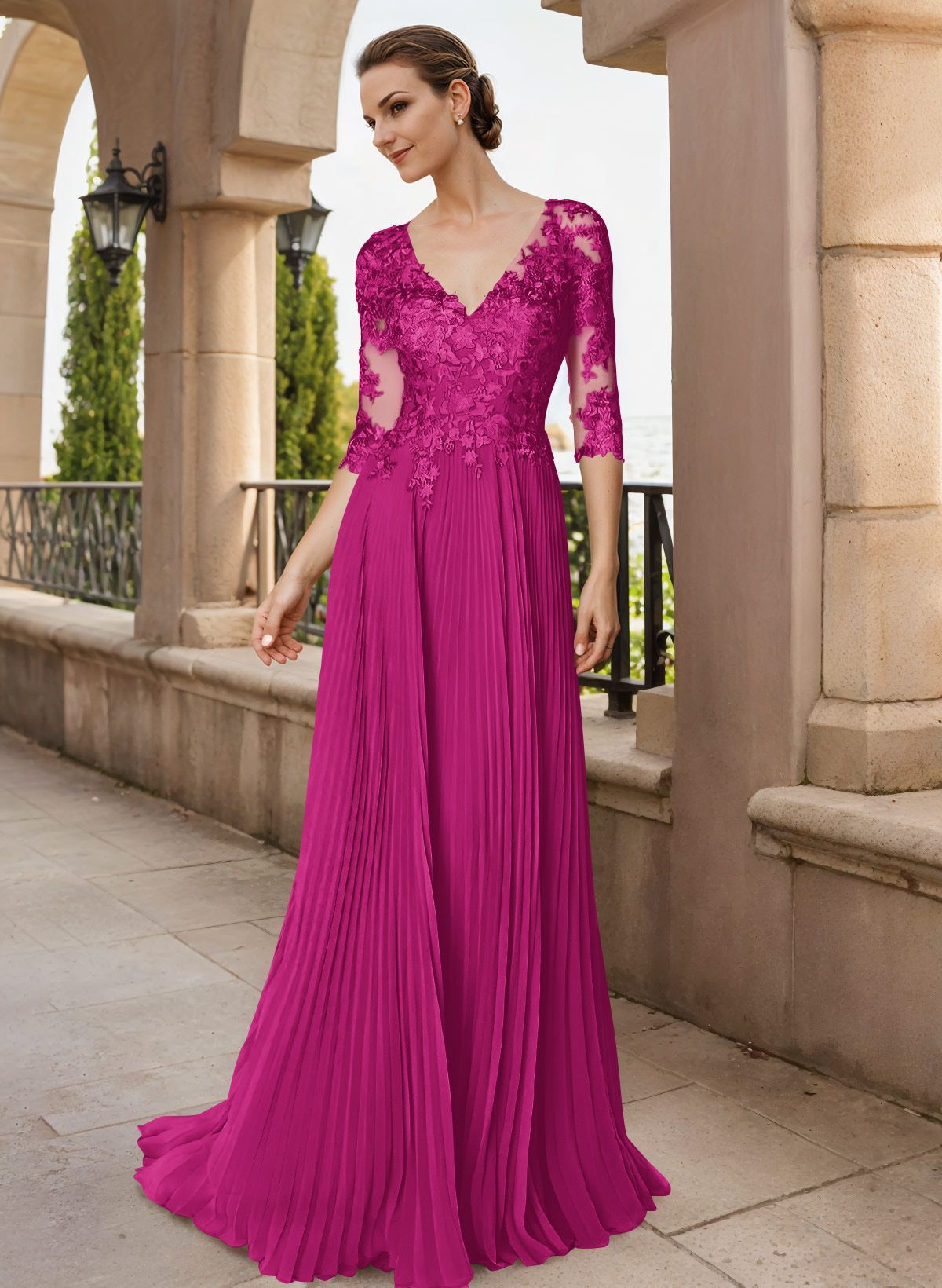 A-Line V-Neck Floor-Length Chiffon Mother Of The Bride Dresses With Lace Pleated