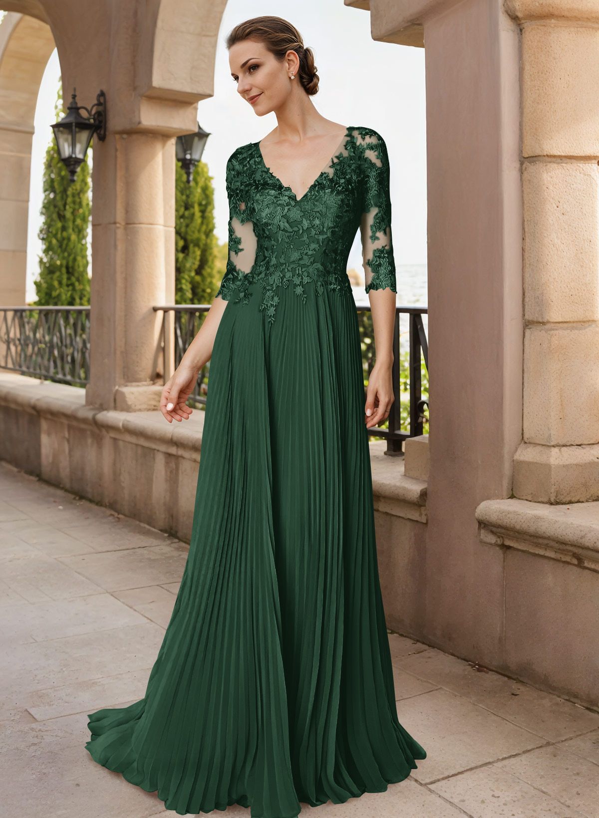 A-Line V-Neck Floor-Length Chiffon Mother Of The Bride Dresses With Lace Pleated