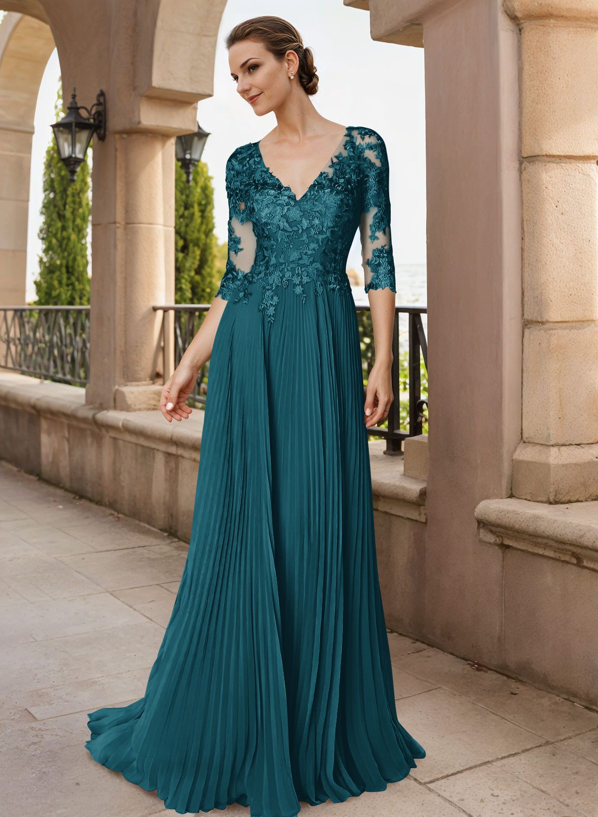 A-Line V-Neck Floor-Length Chiffon Mother Of The Bride Dresses With Lace Pleated
