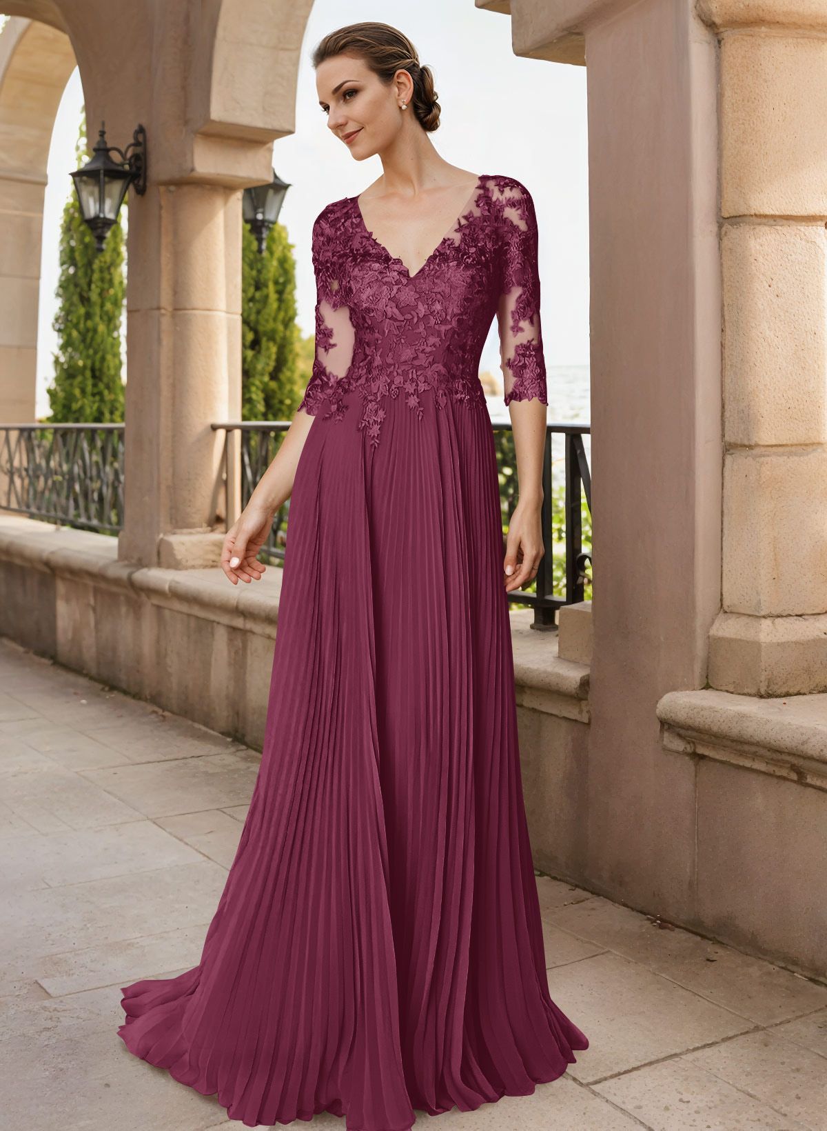 A-Line V-Neck Floor-Length Chiffon Mother Of The Bride Dresses With Lace Pleated