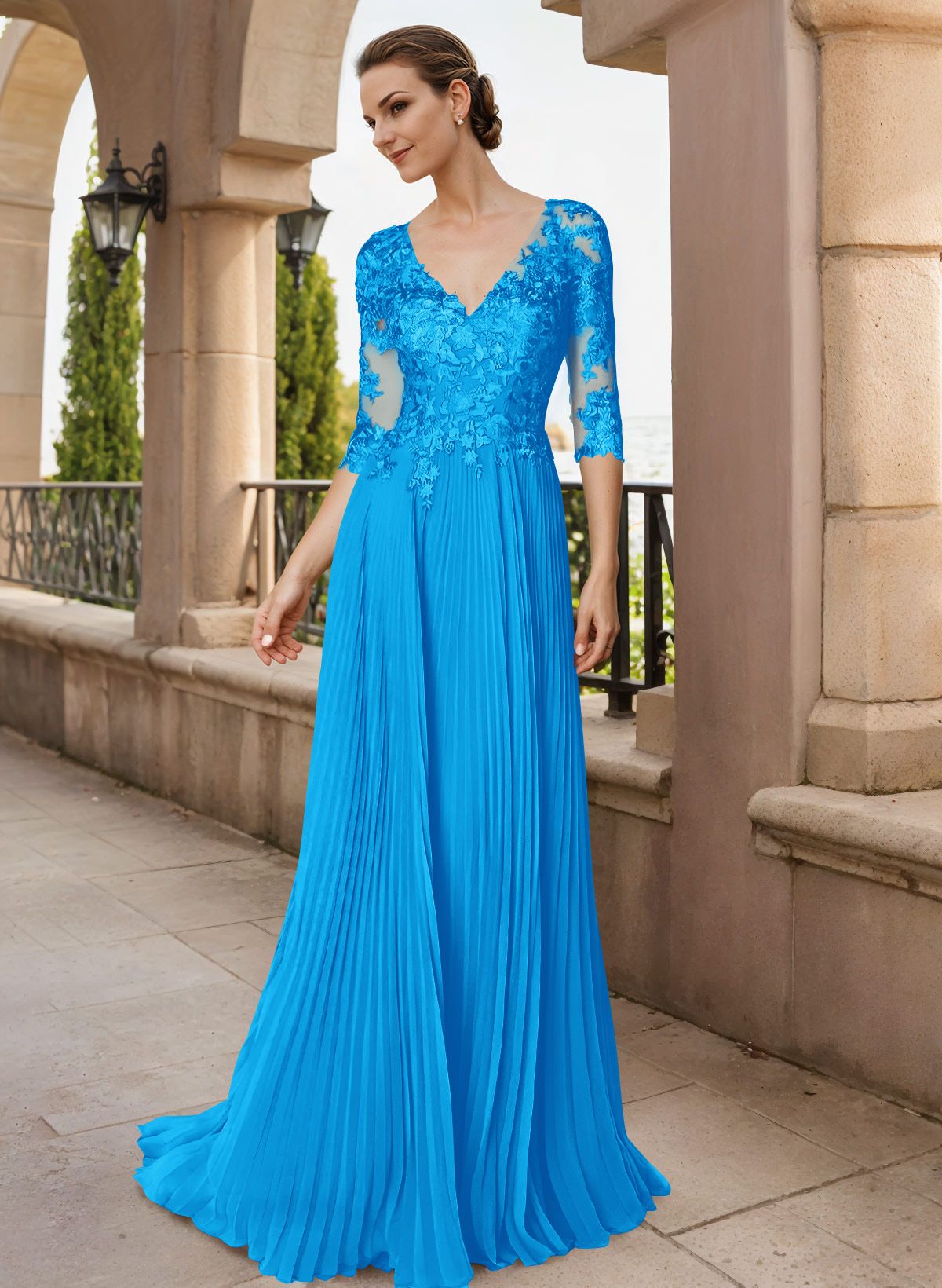 A-Line V-Neck Floor-Length Chiffon Mother Of The Bride Dresses With Lace Pleated