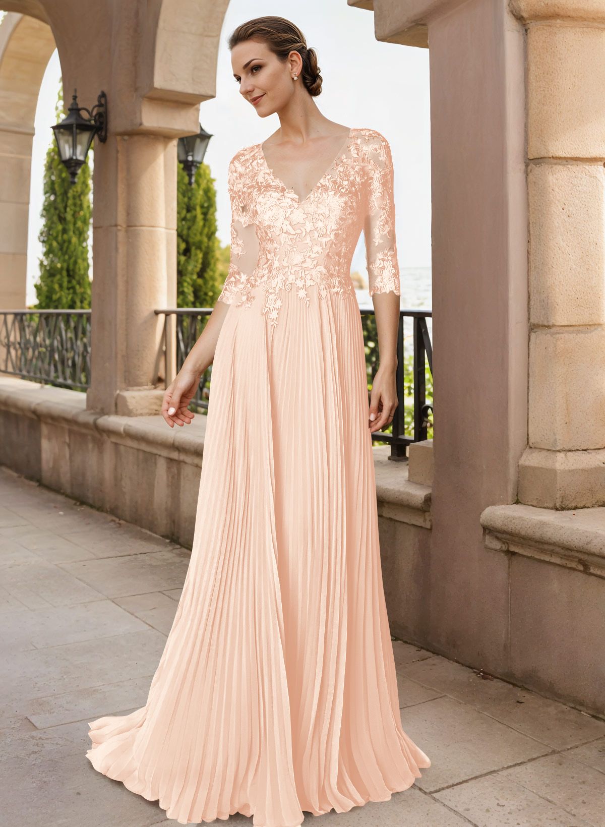 A-Line V-Neck Floor-Length Chiffon Mother Of The Bride Dresses With Lace Pleated