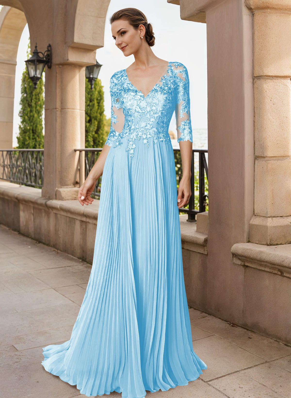 A-Line V-Neck Floor-Length Chiffon Mother Of The Bride Dresses With Lace Pleated