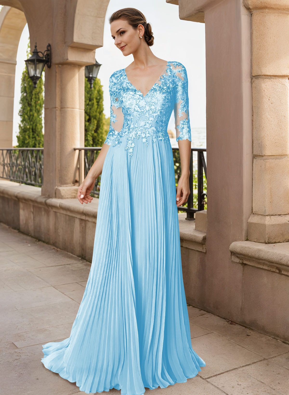 A-Line V-Neck Floor-Length Chiffon Mother Of The Bride Dresses With Lace Pleated