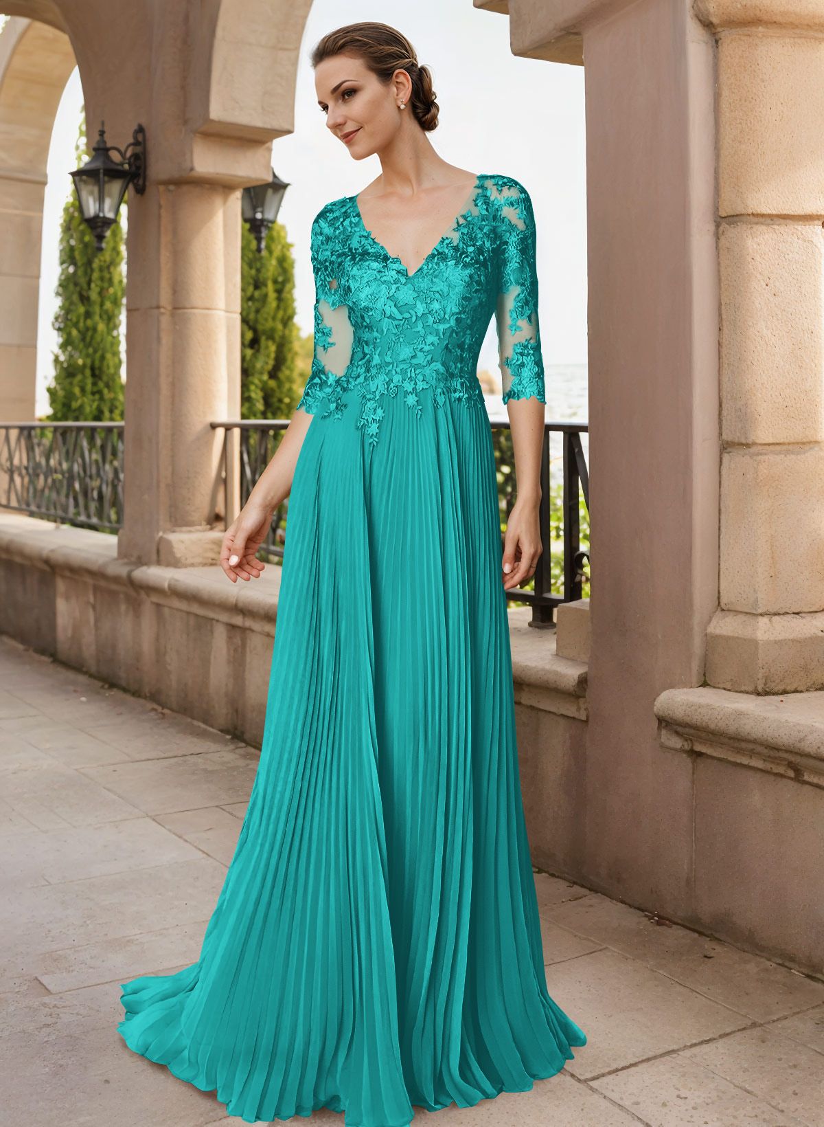 A-Line V-Neck Floor-Length Chiffon Mother Of The Bride Dresses With Lace Pleated