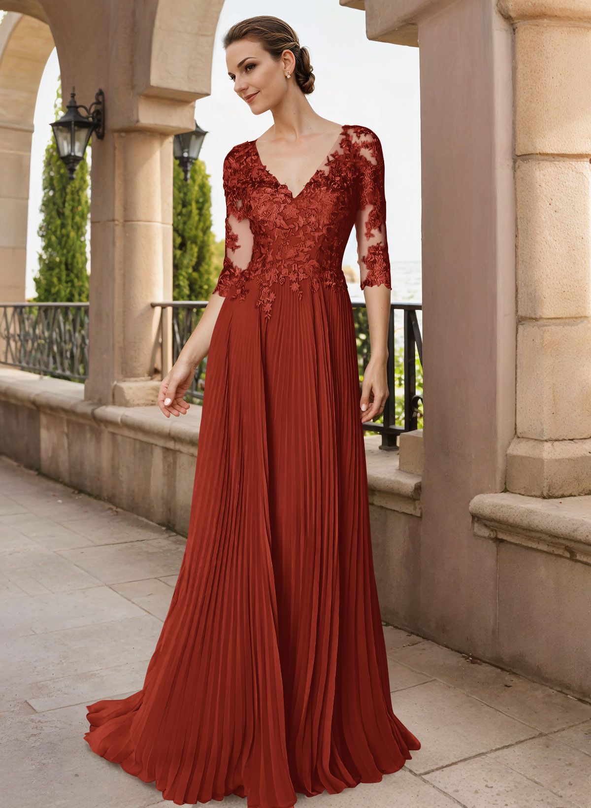 A-Line V-Neck Floor-Length Chiffon Mother Of The Bride Dresses With Lace Pleated