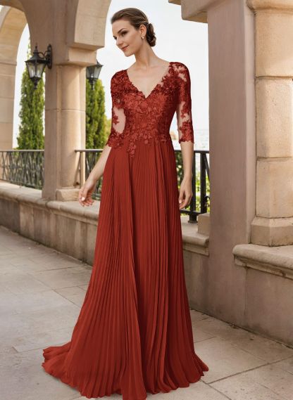 A-Line V-Neck Floor-Length Chiffon Mother Of The Bride Dresses With Lace Pleated