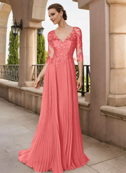 A-Line V-Neck Floor-Length Chiffon Mother Of The Bride Dresses With Lace Pleated