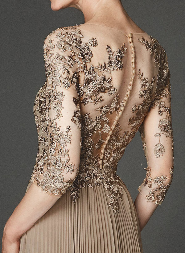 A-Line V-Neck Floor-Length Chiffon Mother Of The Bride Dresses With Lace Pleated
