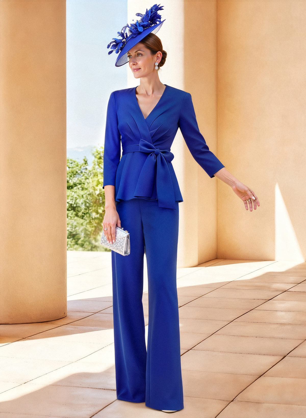 Jumpsuit/Pantsuit V-Neck 3/4 Sleeves Detachable Crepe Satin Evening Dresses With Bow(s) in Royal Blue, US2