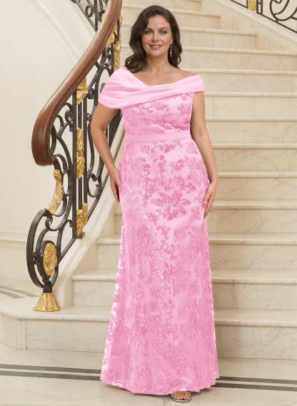 Bedazzled Asymmetrical Wrap Off Shoulder Mother Of The Bride Dresses With Floral Skirt