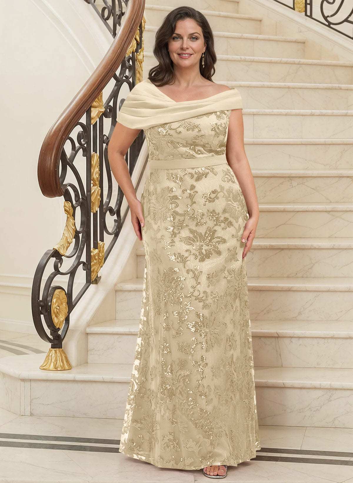 Bedazzled Asymmetrical Wrap Off Shoulder Mother Of The Bride Dresses With Floral Skirt