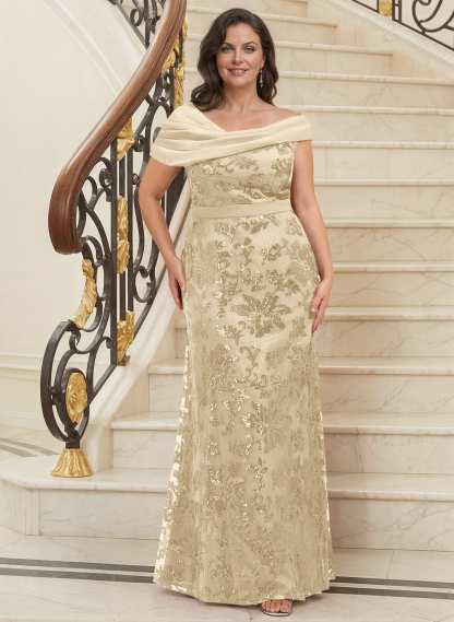 Bedazzled Asymmetrical Wrap Off Shoulder Mother Of The Bride Dresses With Floral Skirt