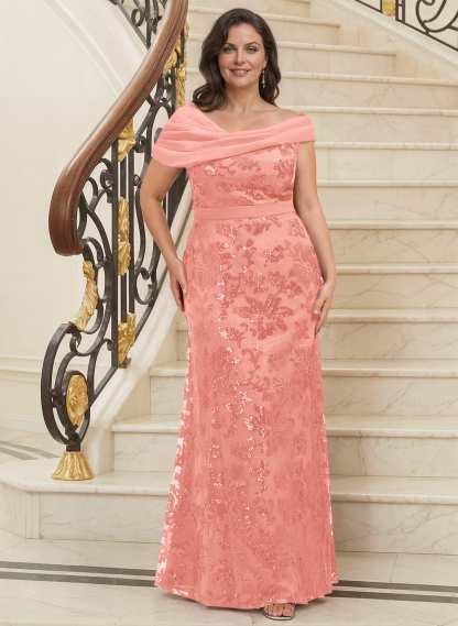 Bedazzled Asymmetrical Wrap Off Shoulder Mother Of The Bride Dresses With Floral Skirt