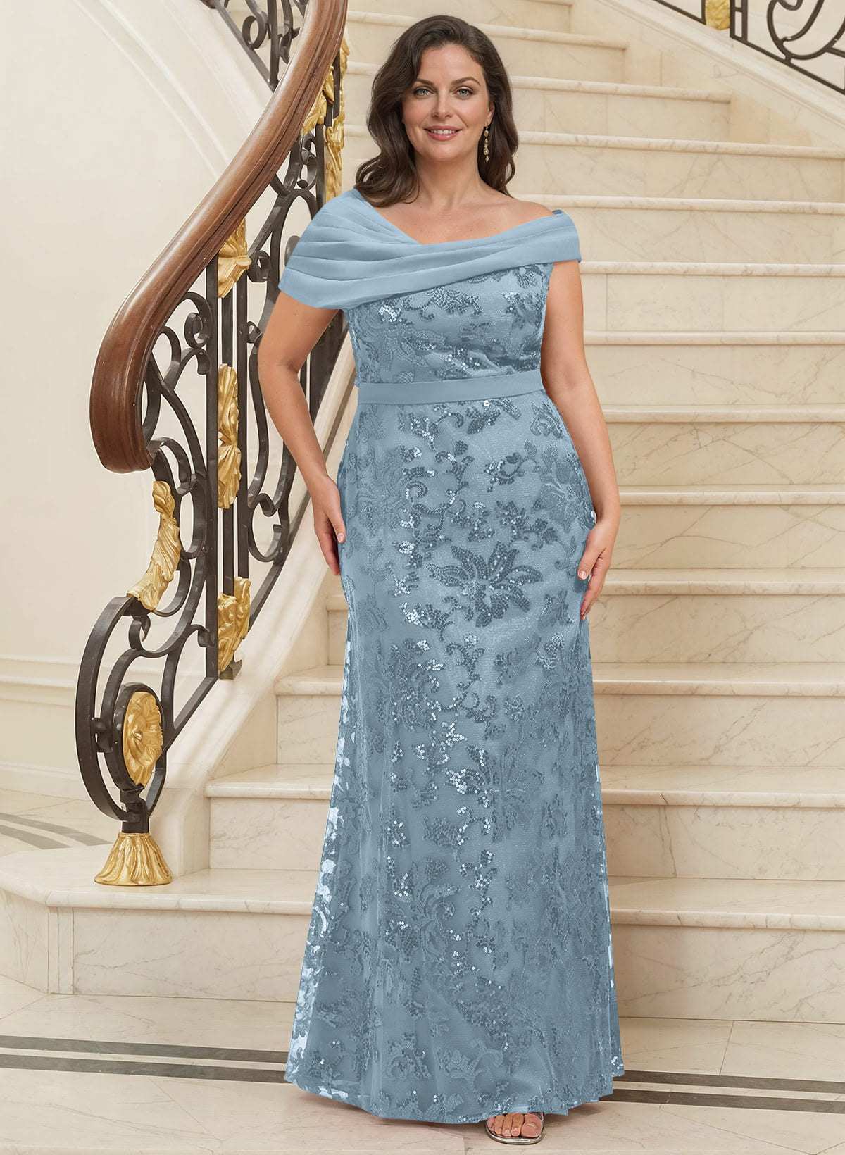 Bedazzled Asymmetrical Wrap Off Shoulder Mother Of The Bride Dresses With Floral Skirt