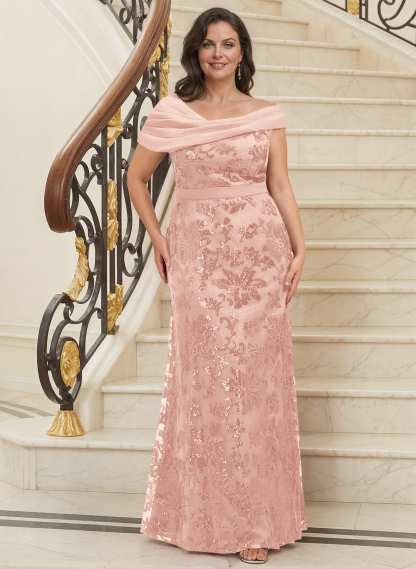 Bedazzled Asymmetrical Wrap Off Shoulder Mother Of The Bride Dresses With Floral Skirt
