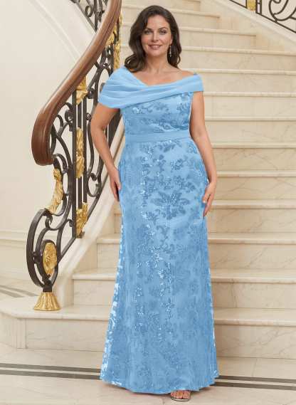 Bedazzled Asymmetrical Wrap Off Shoulder Mother Of The Bride Dresses With Floral Skirt