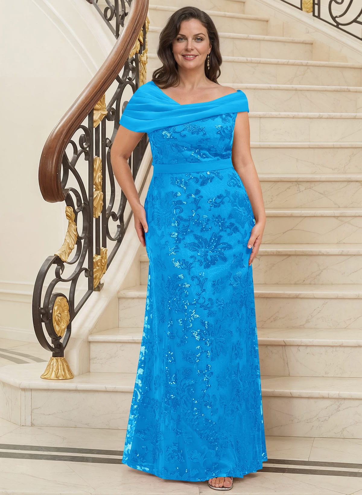 Bedazzled Asymmetrical Wrap Off Shoulder Mother Of The Bride Dresses With Floral Skirt