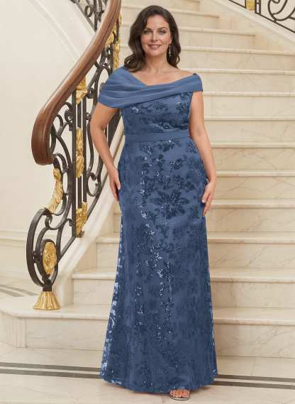 Bedazzled Asymmetrical Wrap Off Shoulder Mother Of The Bride Dresses With Floral Skirt