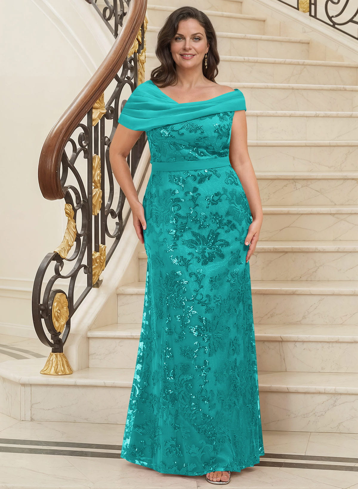 Bedazzled Asymmetrical Wrap Off Shoulder Mother Of The Bride Dresses With Floral Skirt