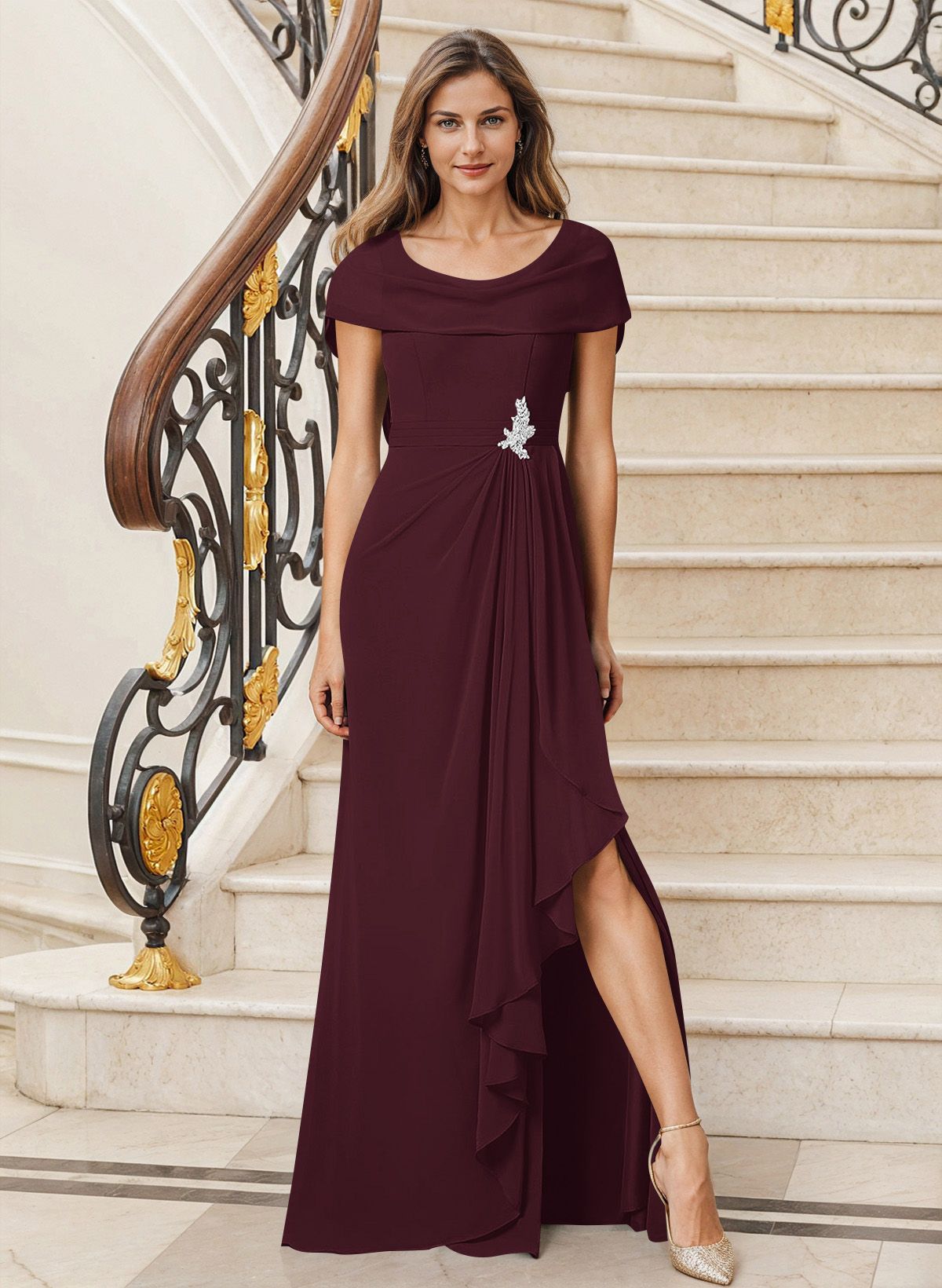Sheath/Column Cowl Neck Chiffon Mother Of The Bride Dresses With Split Front, product image 28