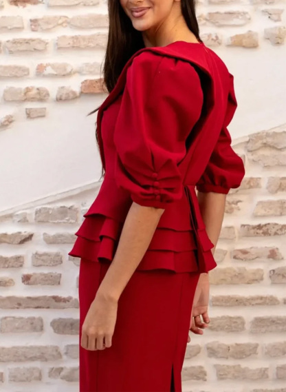 Sheath Column V-Neck 1/2 Sleeves Tea-Length Elastic Satin Evening Dresses, supplier image 2