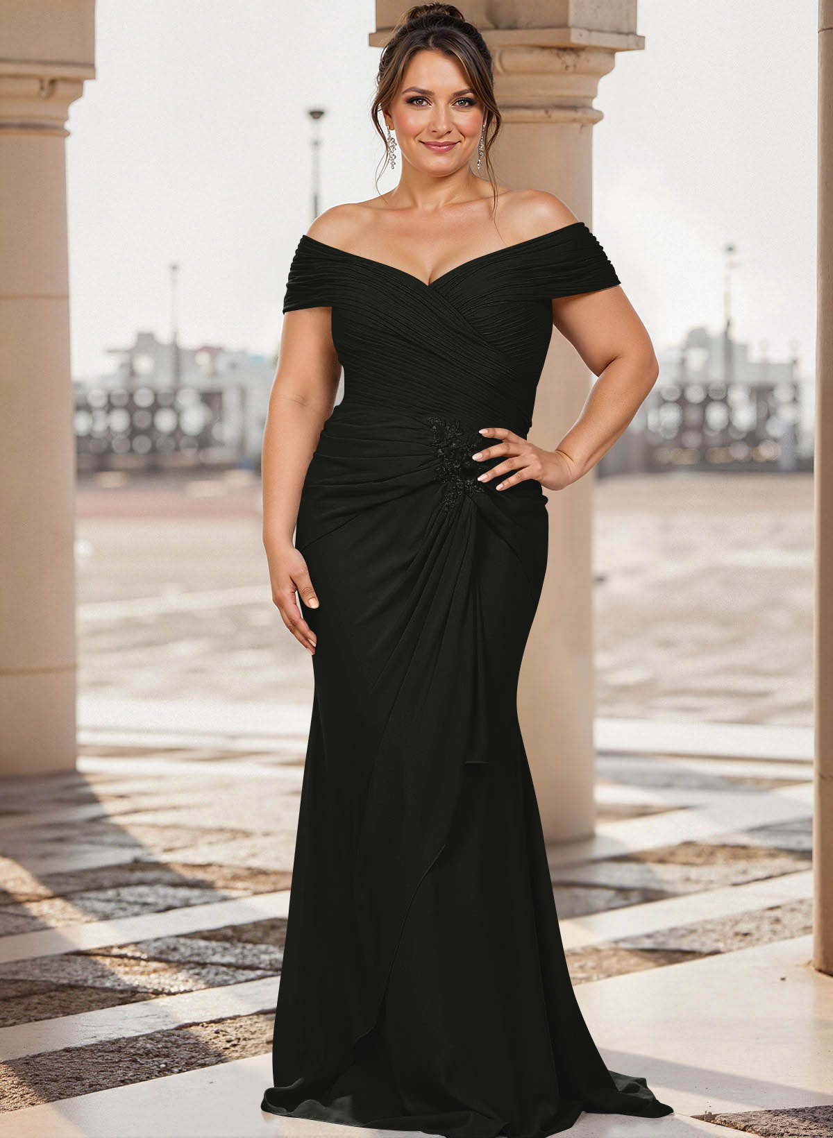 Flattering Ruched Wrap Off Shoulder Ruffled Waist Mother Of The Bride Dresses