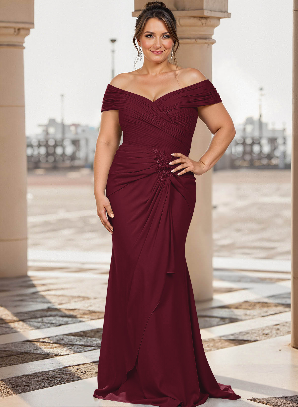 Flattering Ruched Wrap Off Shoulder Ruffled Waist Mother Of The Bride Dresses