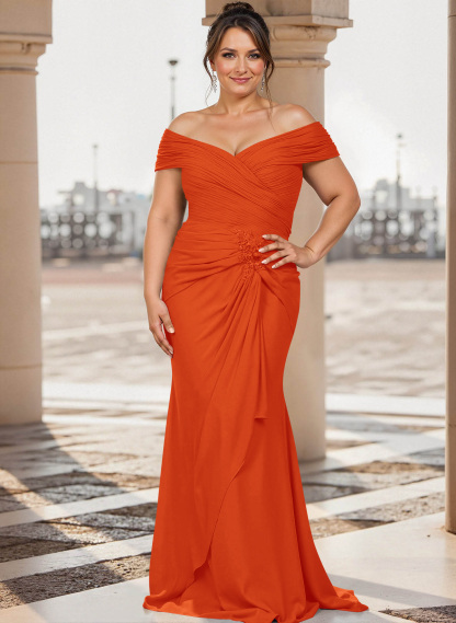 Flattering Ruched Wrap Off Shoulder Ruffled Waist Mother Of The Bride Dresses