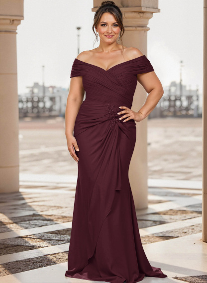 Flattering Ruched Wrap Off Shoulder Ruffled Waist Mother Of The Bride Dresses